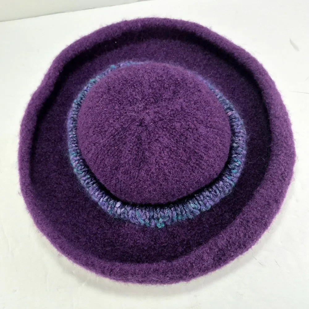 Handmade Purple Felted Wool Hat w/ Green Blue Crochet Band Boho Retro